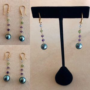 Tahitian Pearl 18k French Hook Earrings w/Gems